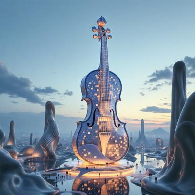 The primary subject of the image is a large, blue, and white violin. The setting is a futuristic cityscape with a body of water in the foreground. The visual style is a combination of digital art and illustration, creating a unique and captivating scene. The dominant colors are blue, white, and silver, giving the image a sleek and modern feel. The overall atmosphere is one of innovation and creativity, as the violin stands tall in the middle of the futuristic city.